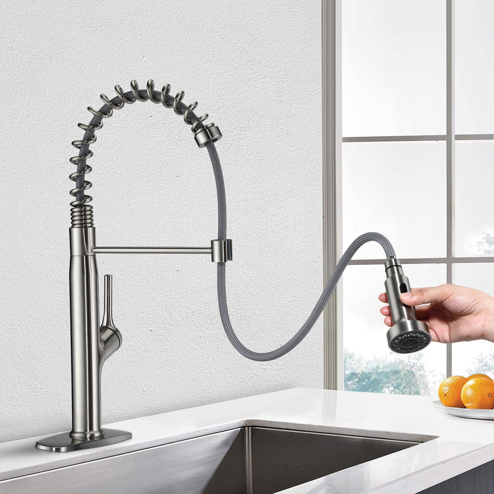 Single Handle Deck Mounted Spring Neck Kitchen Faucet with Pull out Sprayer, Bru