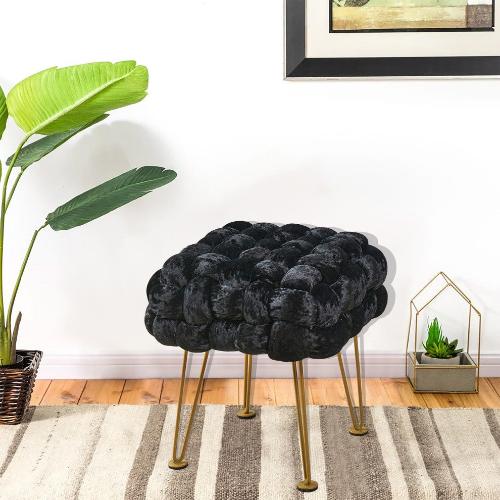 Crushed Velvet Pouf Stool, Jet Black, 16''x16''x16''