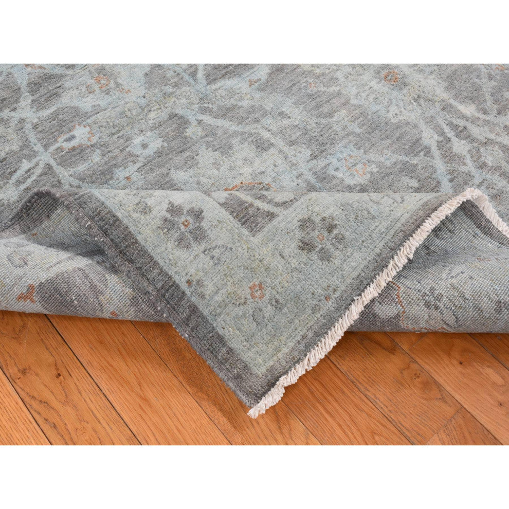 Arctic Blue, Silver Wash Peshawar, Hand Knotted, Pure Wool, Rug, 5'9"x9'