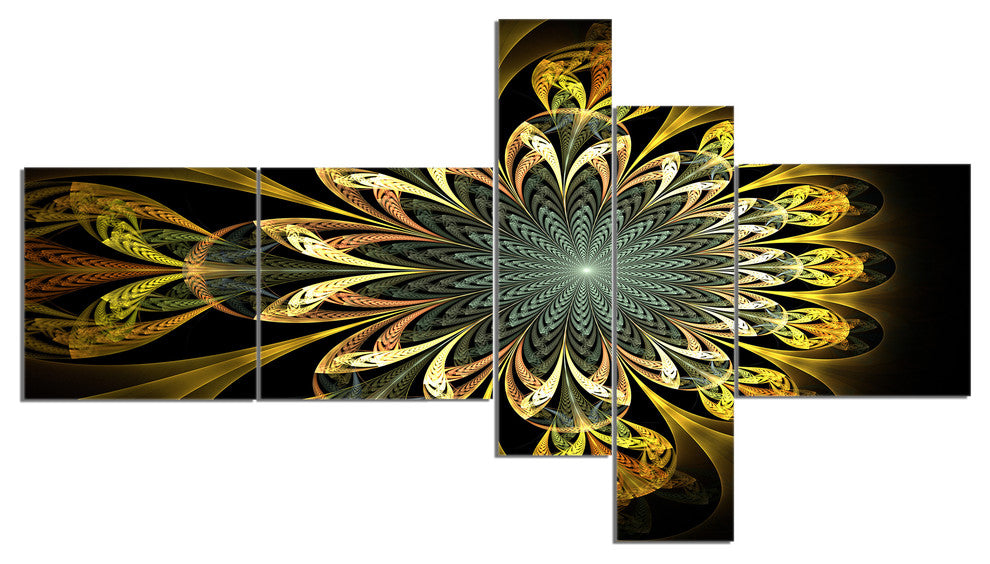 Dark Yellow Digital Flower, Abstract Wall Art Canvas, 60"x32", 5 panels