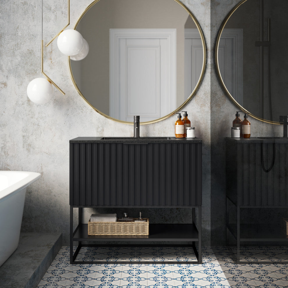 Terra Bathroom Vanity, Black, 36", Black Top
