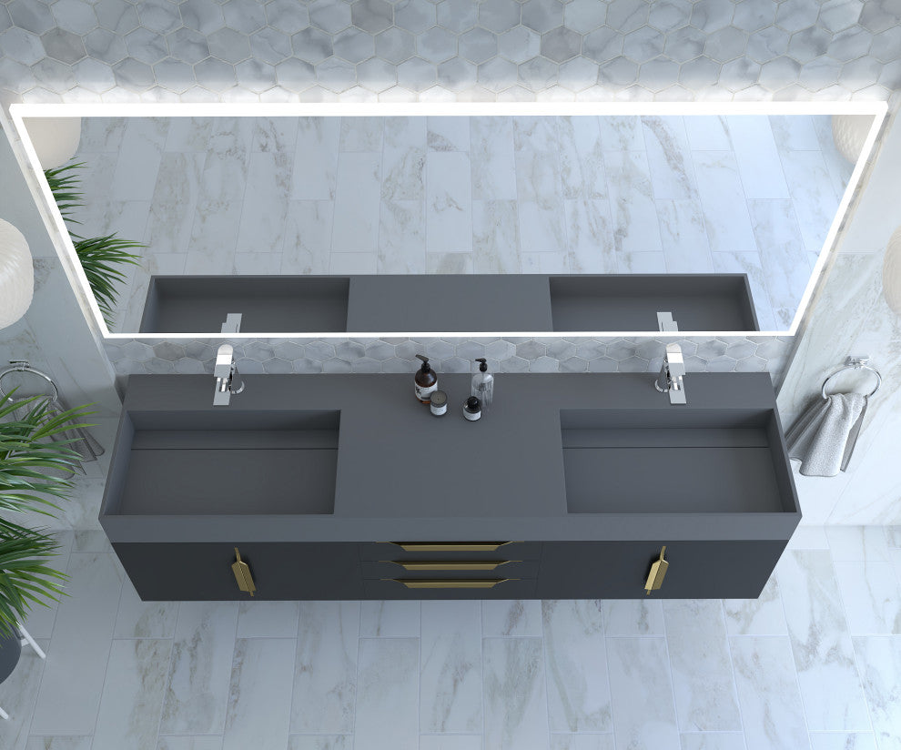 CastelloUSA Amazon 72" Wall Mounted Vanity Set, Black, Gray Top, Gold Handles