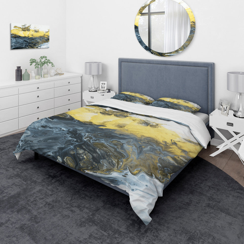 Gray Yellow and White Marble Composition Mid-Century Bedding, Twin