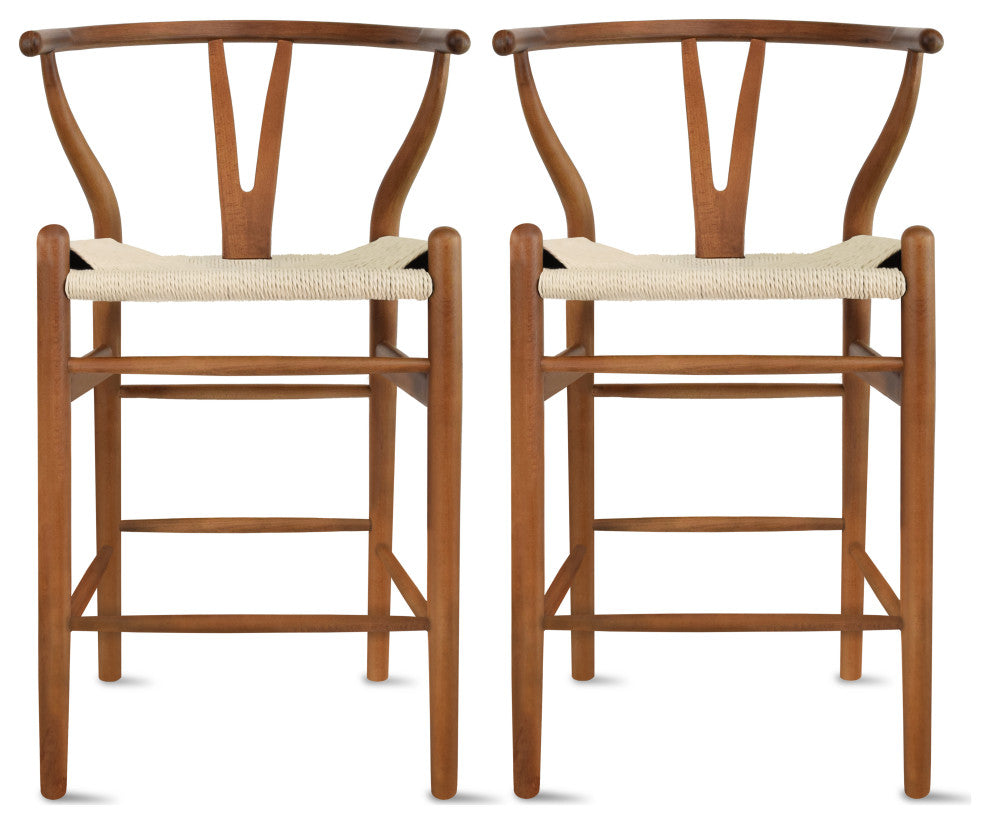 Set of 2 Wishbone Wood Elbow Barstool with Y Back, Woven Beige Seat, Espresso