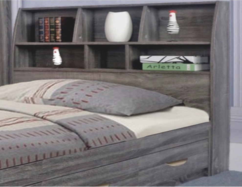 Elegant Grey Finish Full Size Bookcase Headboard With Six Shelves.