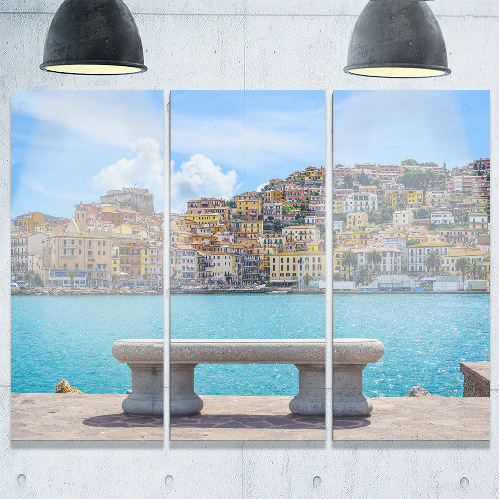"Seafront Bench in Port Santo Stefano" Metal Wall Art, 3 Panels, 36"x28"