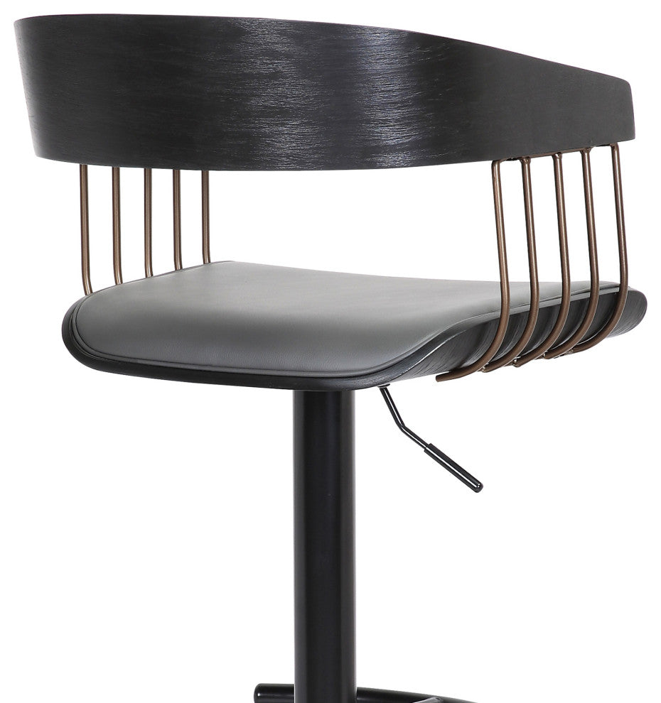 Larisa Adjustable Black Wood Bar Stool Gray Faux Leather Bronze and Black Metal