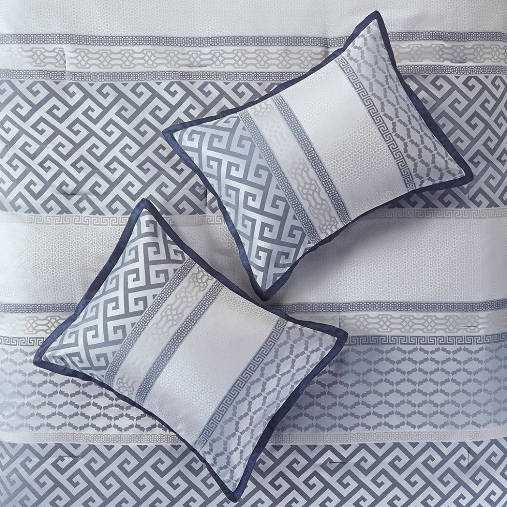 Madison Park Bennett Traditional Greek Keys 7-Piece Comforter Set, Navy Blue, Ki