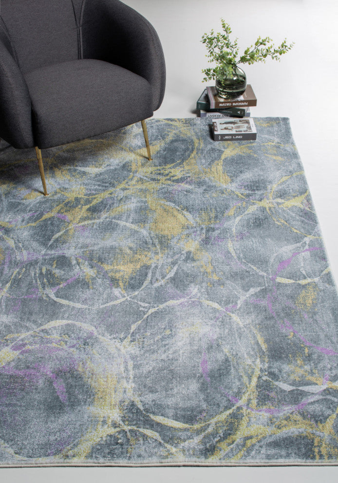 2"x7" Gray Gold Abstract Rings Runner Rug