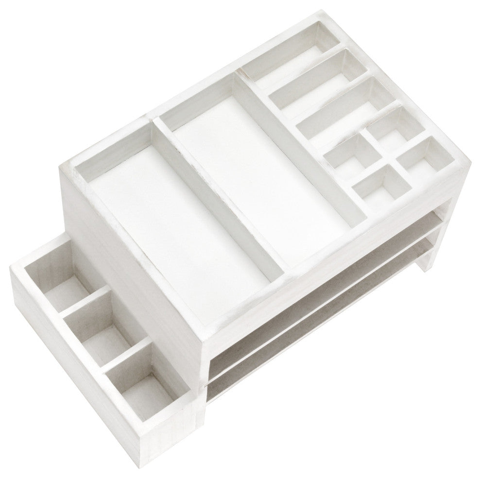 Office Tiered Desk Organizer With Storage Cubbies and Letter Tray, White Wash