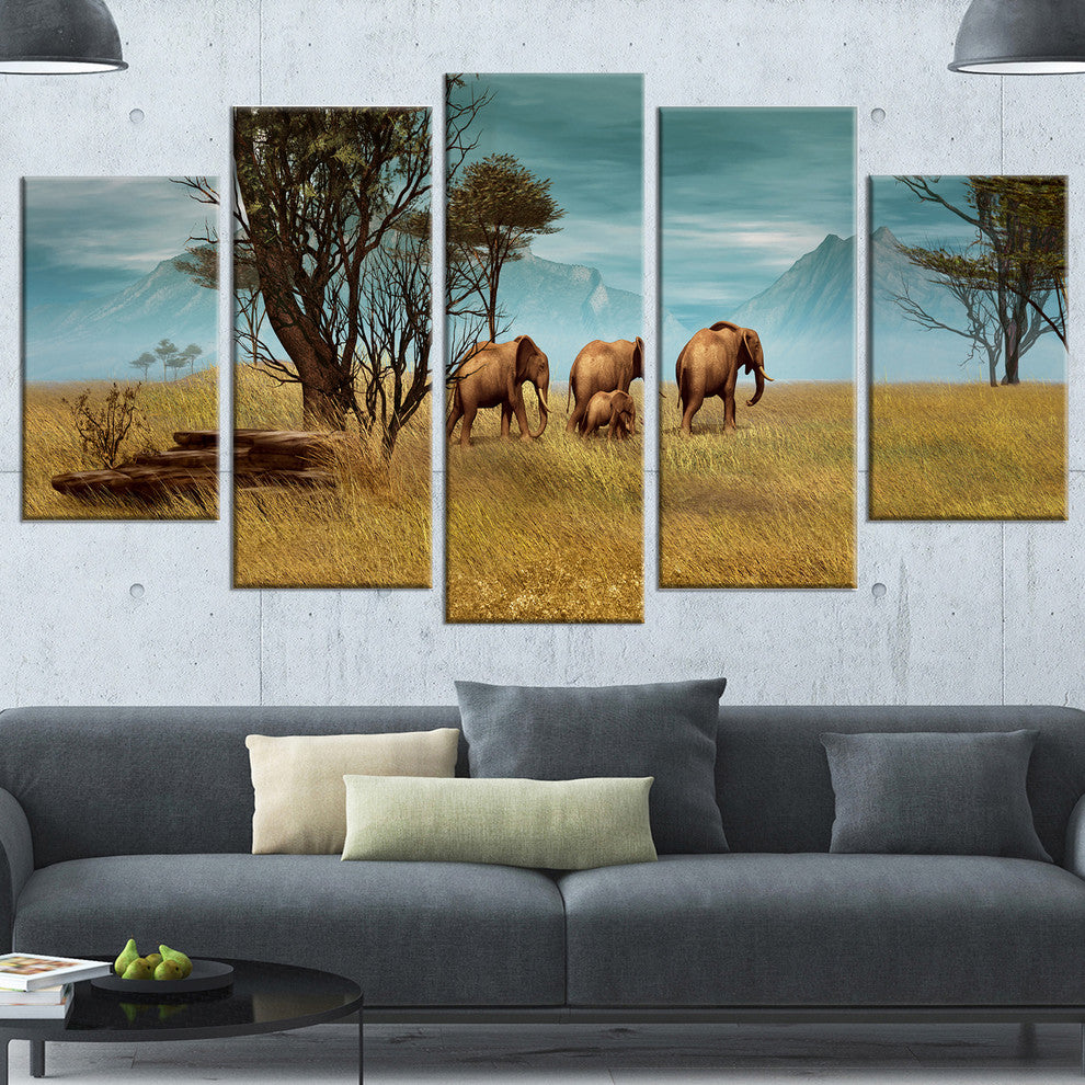 African Elephants Panorama, African Canvas Art Print, 60"x32", 5 Panels