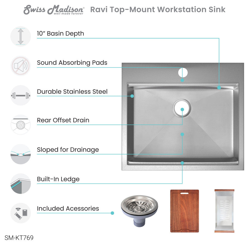 Ravi Single Basin 25"x22" Topmount Kitchen Workstation Sink