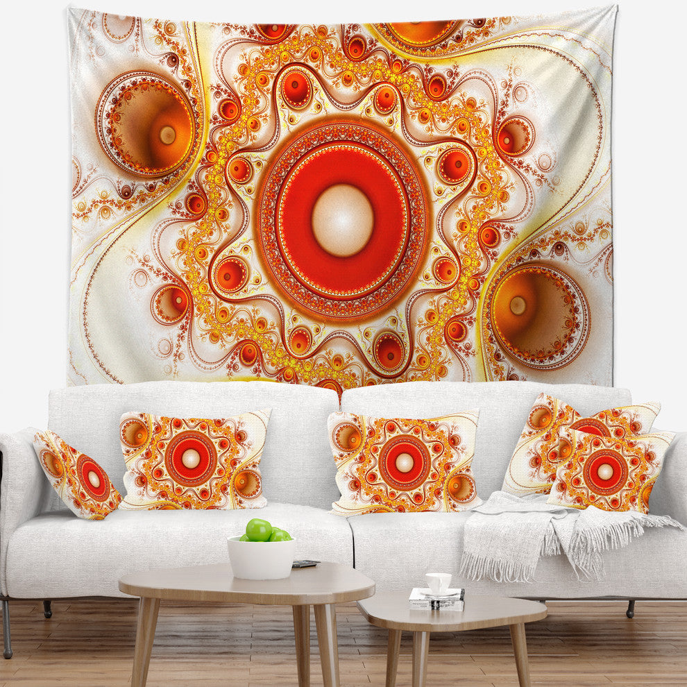 Orange Fractal Pattern with Circles Abstract Wall Tapestry, 92"x78"