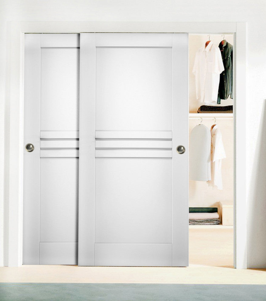 Sliding Closet Bypass Doors / Mela 7444 White Silk / Rails, 60" X 80" ( 2* 30x80)
