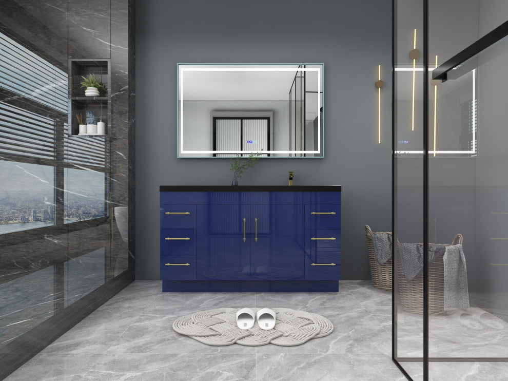 Rosa 60" Free Standing Modern Vanity, High Gloss Night Blue, Matt Black Top