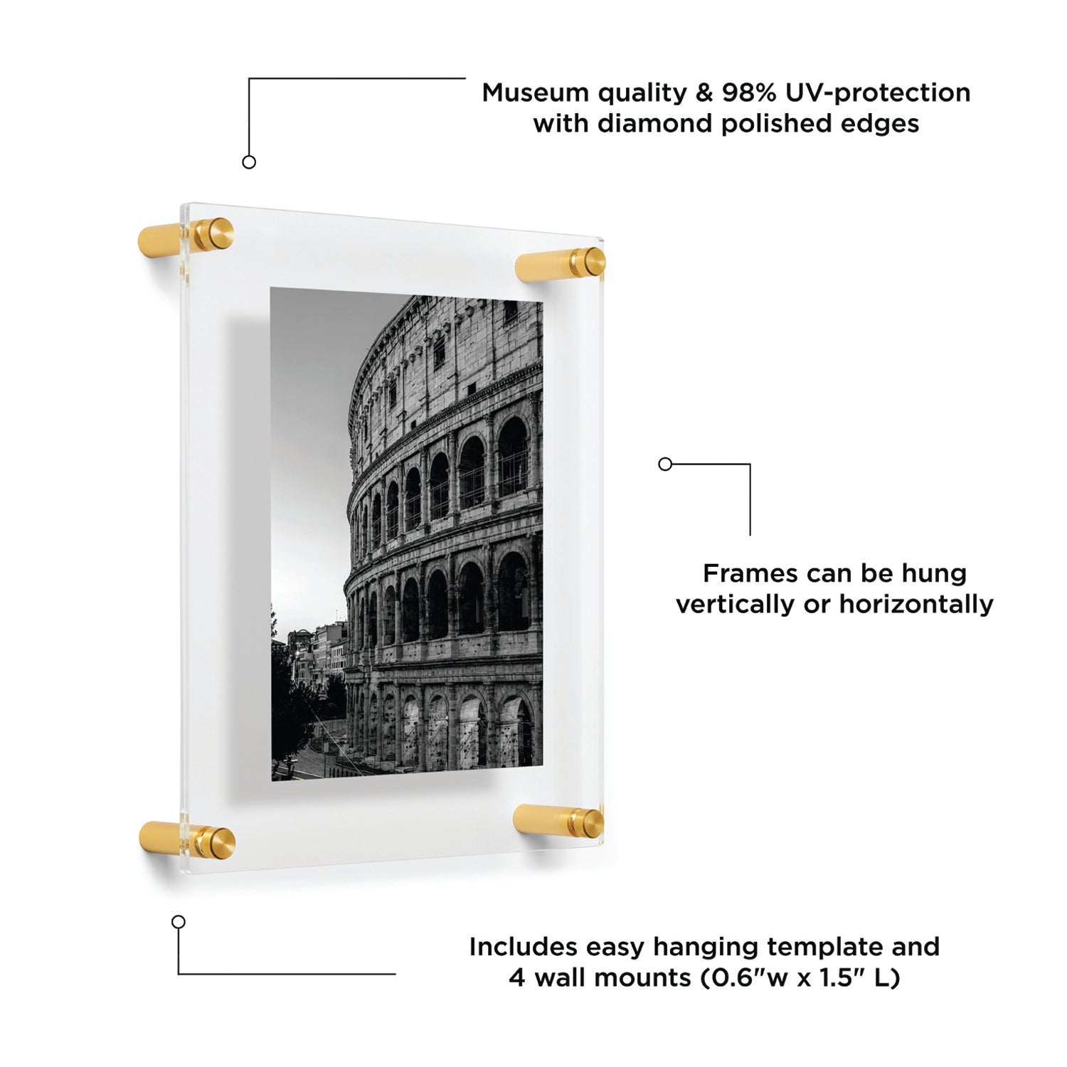 15"x15" Double Panel Acrylic Wall Frame For 12"x12" Art, Gold Hardware