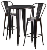 30" Round Black-Antique Gold Metal Indoor-Outdoor Bar Table Set, 2 Cafe Stools