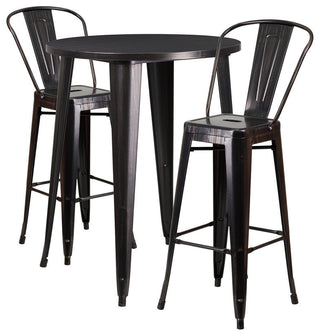 30" Round Black-Antique Gold Metal Indoor-Outdoor Bar Table Set, 2 Cafe Stools