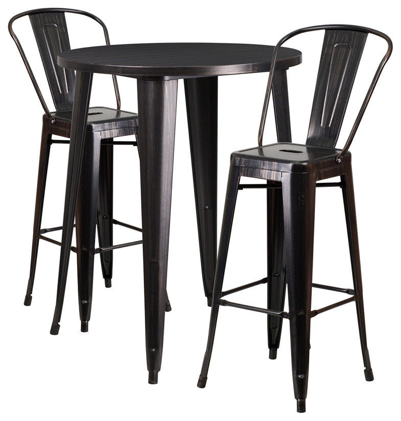 30" Round Black-Antique Gold Metal Indoor-Outdoor Bar Table Set, 2 Cafe Stools