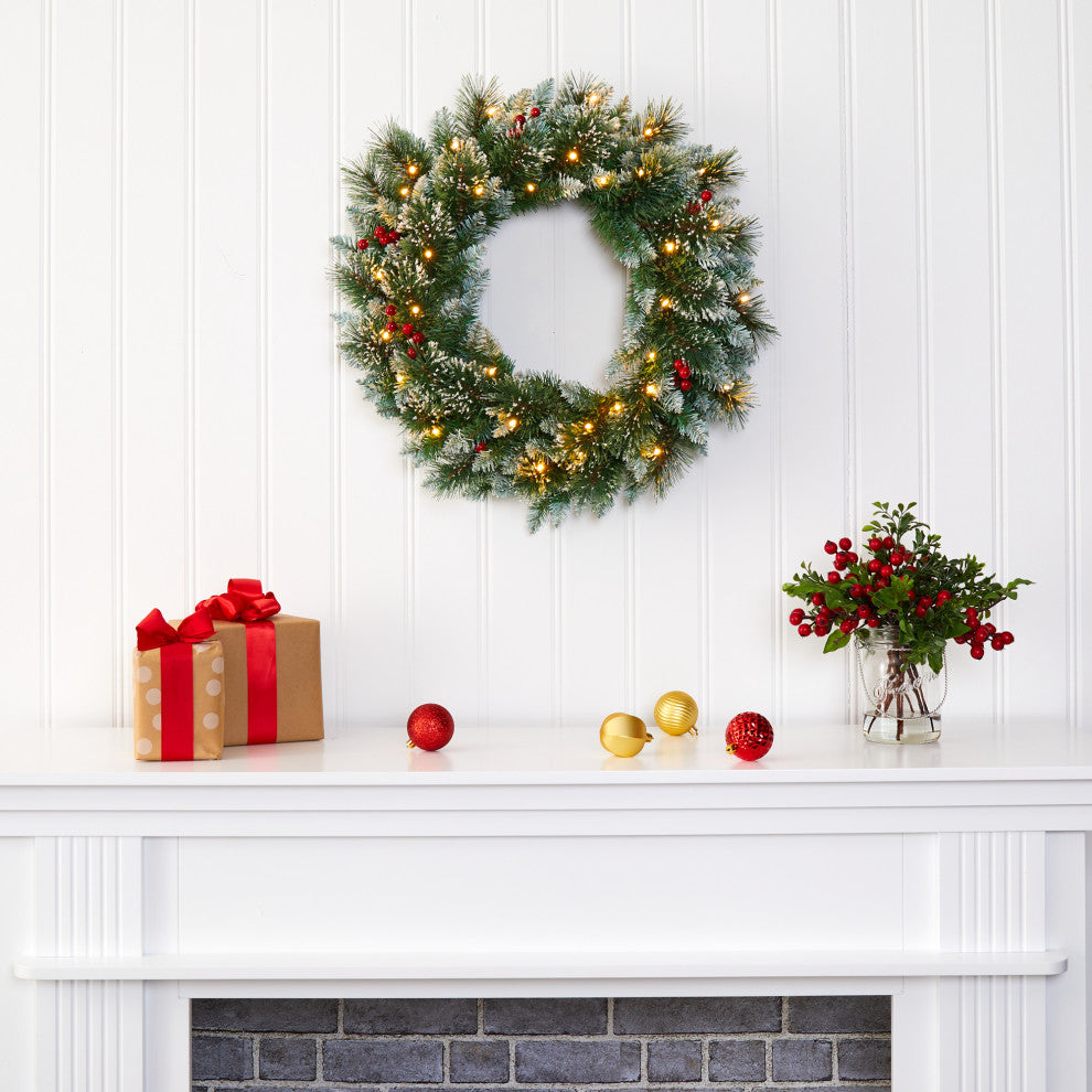 24" Frosted Swiss Pine Artificial Wreath With 35 Clear LED Lights and Berries