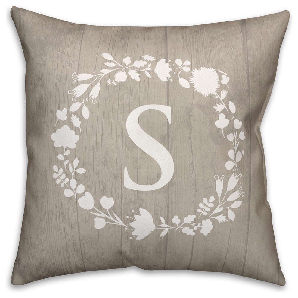 S Rustic Wreath Monogram Spun Poly Pillow, 18x18