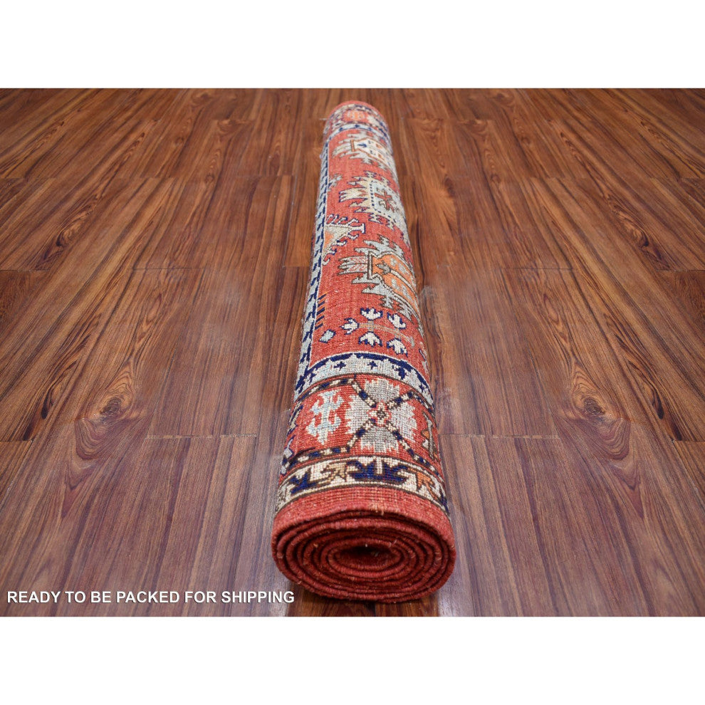 Coral Red Afghan Ersari Elements Design Hand Knotted Wool Runner Rug 4'0" x 9'7"