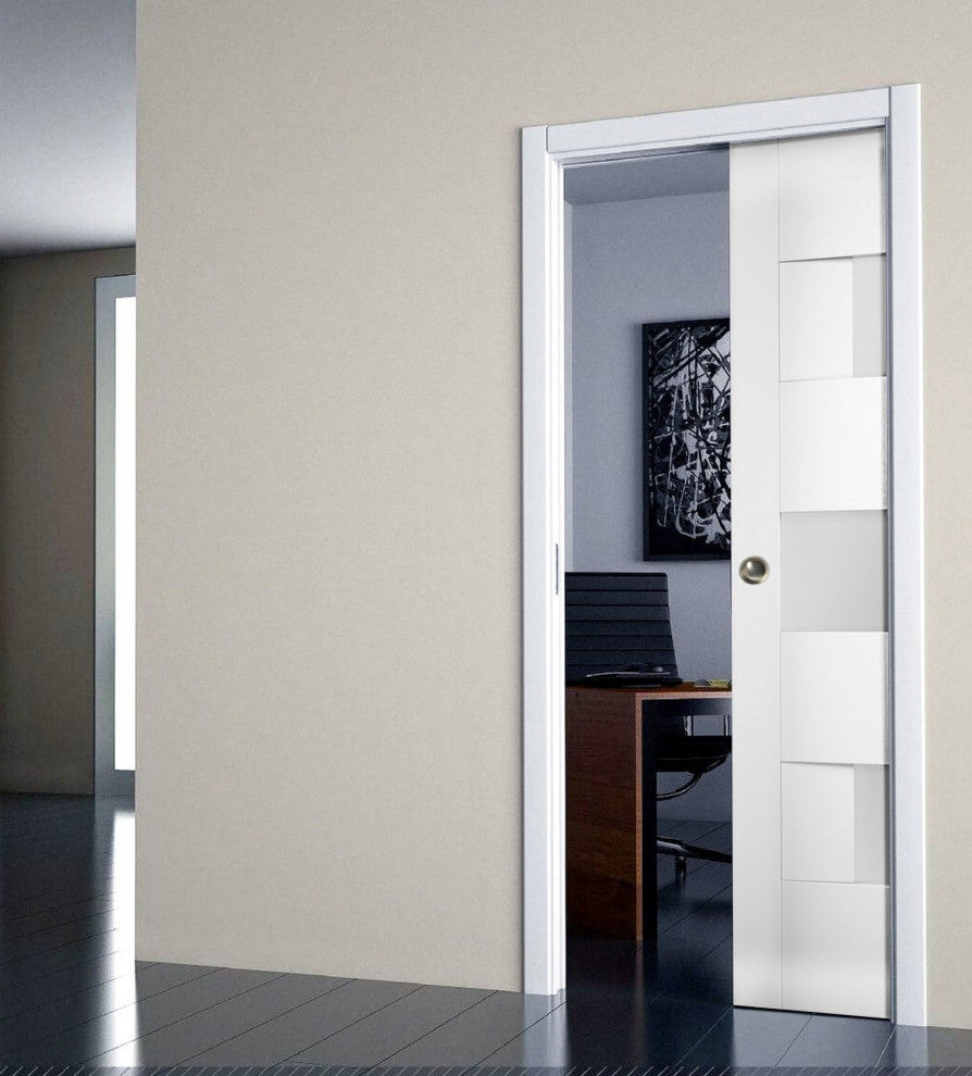 Sliding Pocket Door Opaque Glass / Sete 6933 White Silk, 28" X 80"