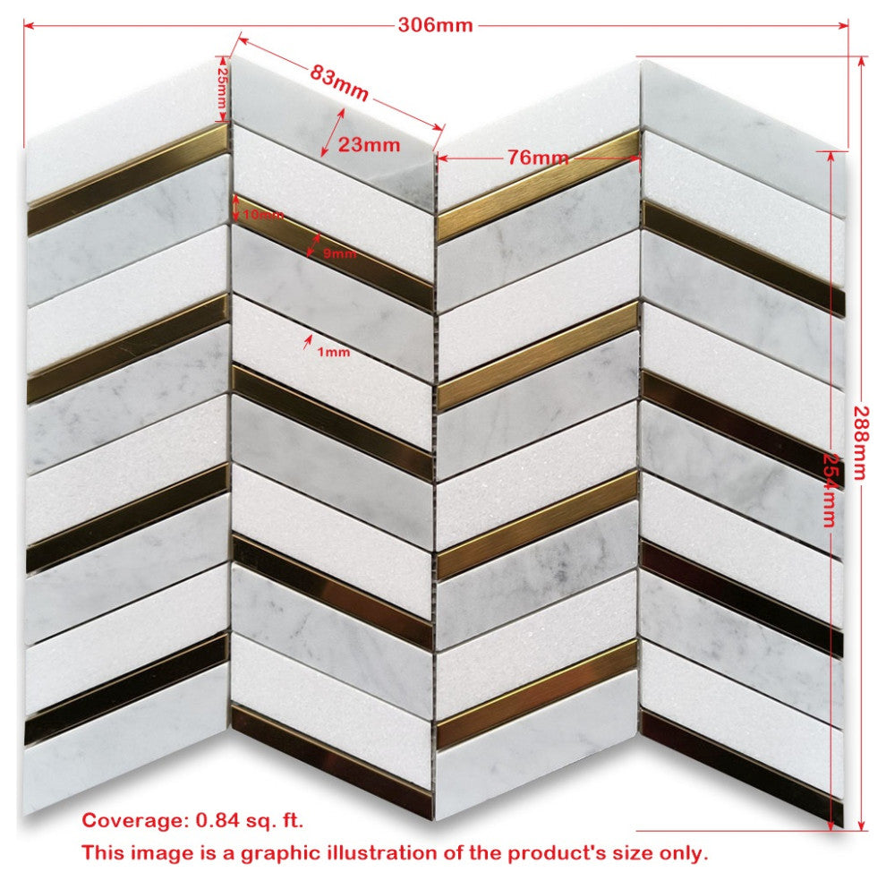 Thassos White Carrara White Marble Artistic Chevron Mosaic Tile Brass, 1 sheet