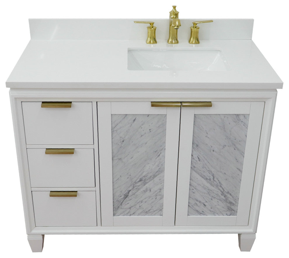 43" Single Vanity, White Finish With White Engineered Stone Top