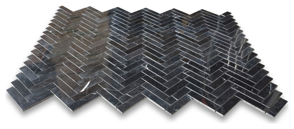 Nero Marquina Black Marble 1x4 Herringbone Mosaic Tile Polished, 1 sheet