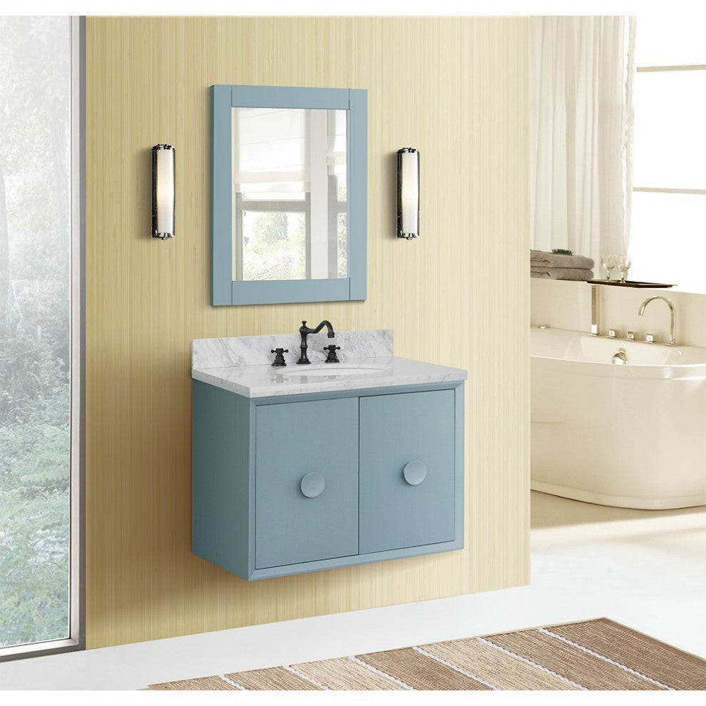 31" Single Wall Mount Vanity, Aqua Blue Finish With White Carrara Top