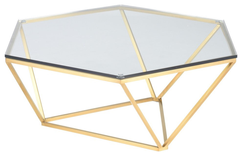Louisa Coffee Table in Brushed Gold Stainless Steel and Glass Hexagon