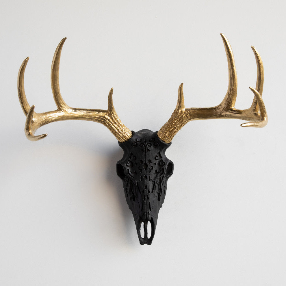 Faux Deer Skull Native American Carving Wall Decor, Black, Gold Antlers