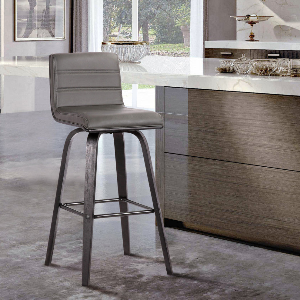 30" Gray Faux Leather Black Wooden Swivel Bar Stool