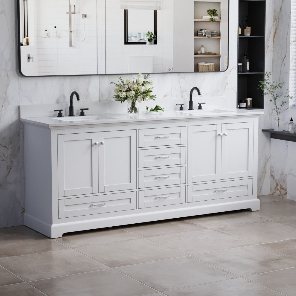 80" Freestanding Bathroom Vanity with White Cultured Marble Top in White