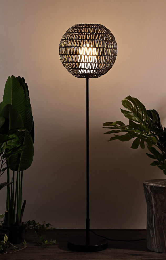 Bea 61" Outdoor Woven Globe LED Floor Lamp, Coffee and Black
