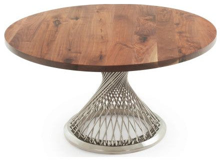 Modern Twisted Spoke Hardwood Dining Table- Silver Base, Black Walnut, 66x66x31