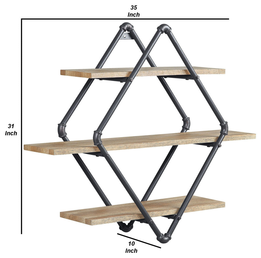 Benzara BM274645 Wall Mount Rack With 3 Tier, Diamond Pipe Frame, Brown/Black