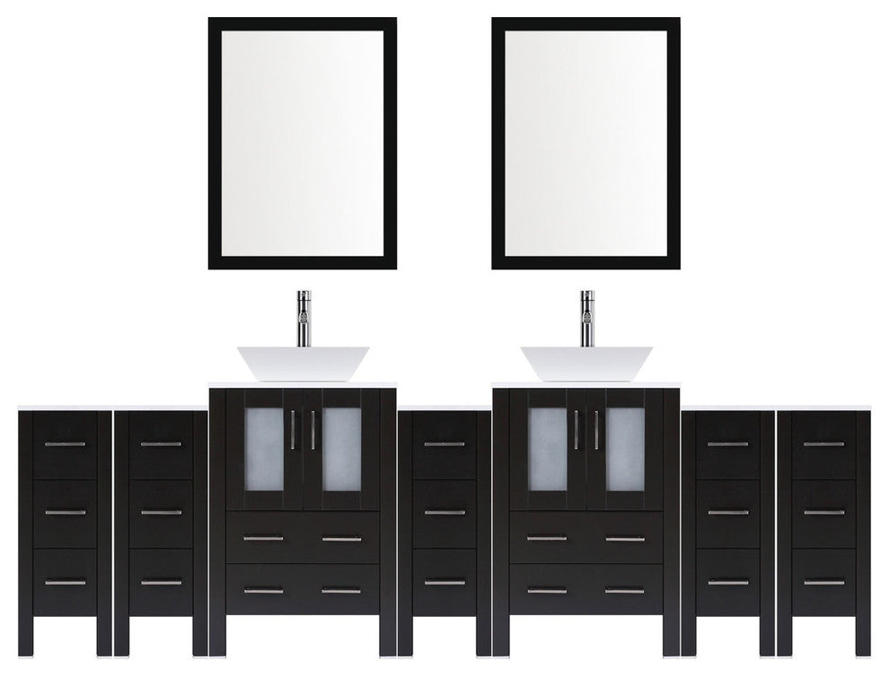 Modern Vanity Set With Two Sink Bases With Mirrors and Five Drawer Bases, Espres