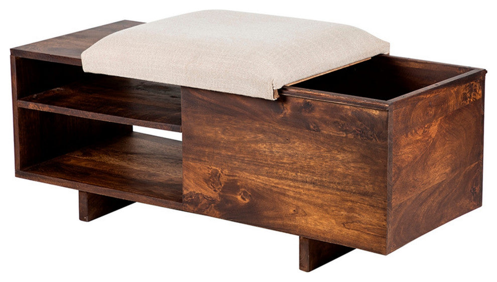 Benzara BM285207 Accent Storage Bench, Sliding Cushion Top, Modern, Brown Wood