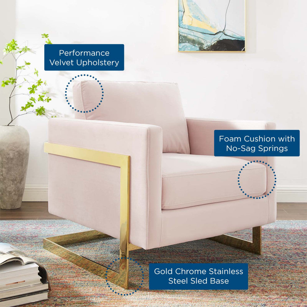 Accent Chair, Velvet, Metal, Gold Pink, Modern, Living Lounge Hotel Hospitality