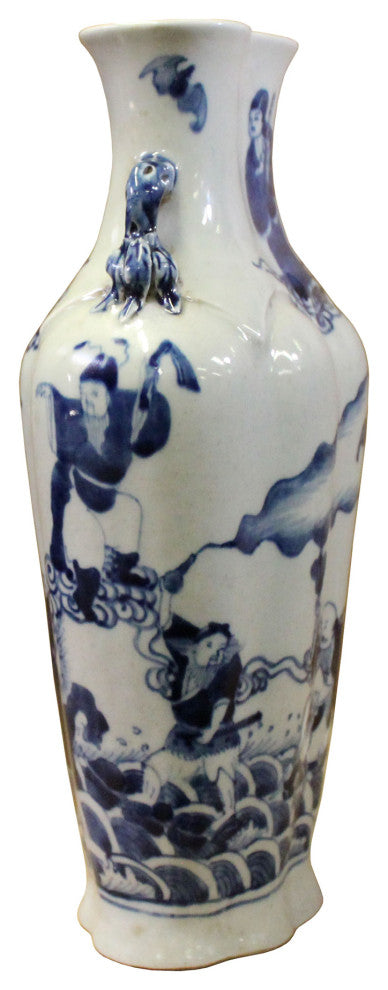 Chinese Blue White Porcelain Eight Immortal Graphic Flat Body Vase Hws399