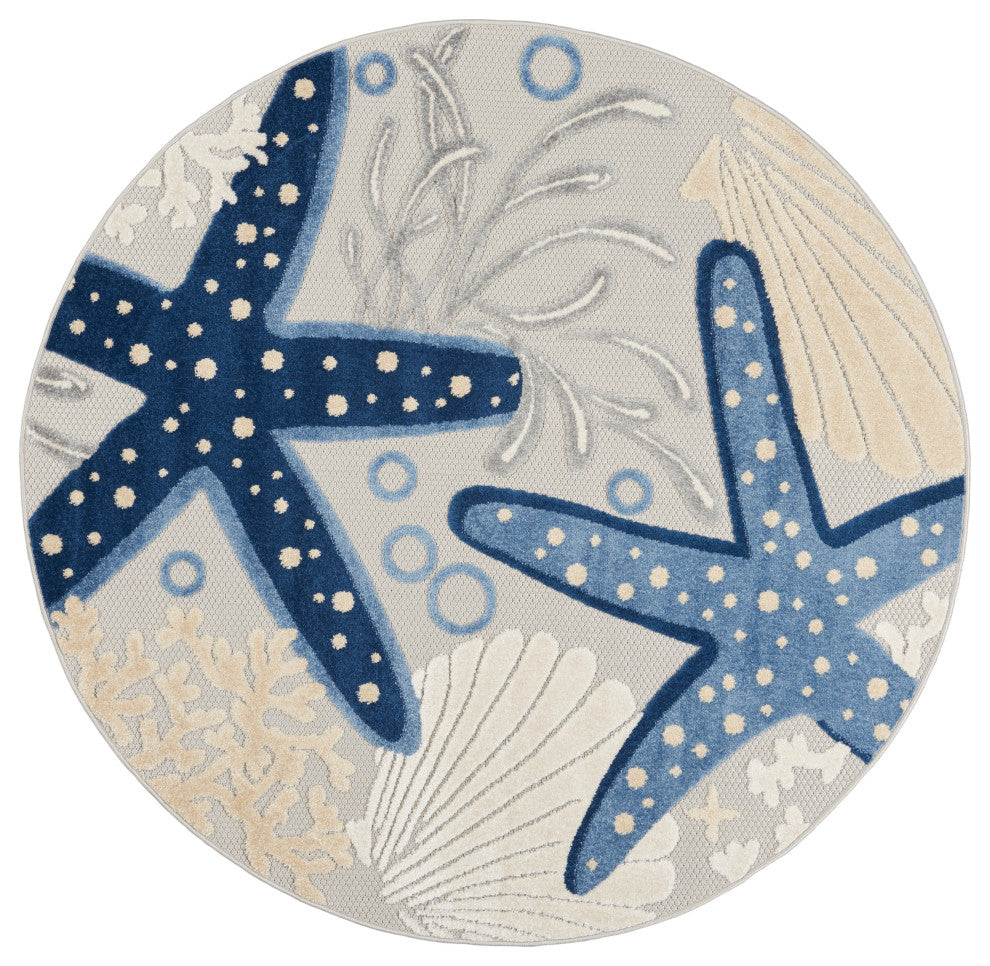 Nourison Aloha 4' x Round Blue/Grey Coastal, Nautical & Beach Area Rug