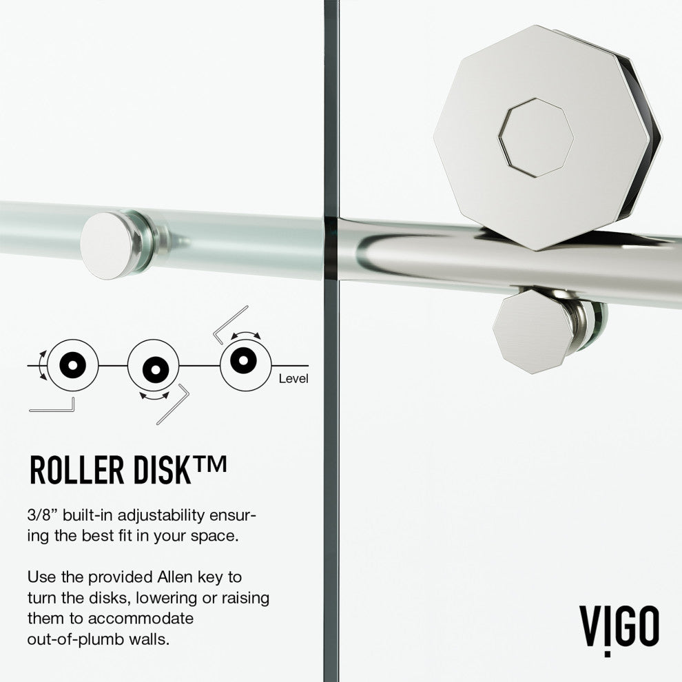 VIGO Elan Hart 56" to 60" W x 76" H Frameless Sliding Shower Door, Stainless Steel, Clear Glass