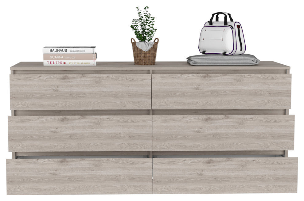 Seul 6 Drawer Double Dresser, Light Gray White