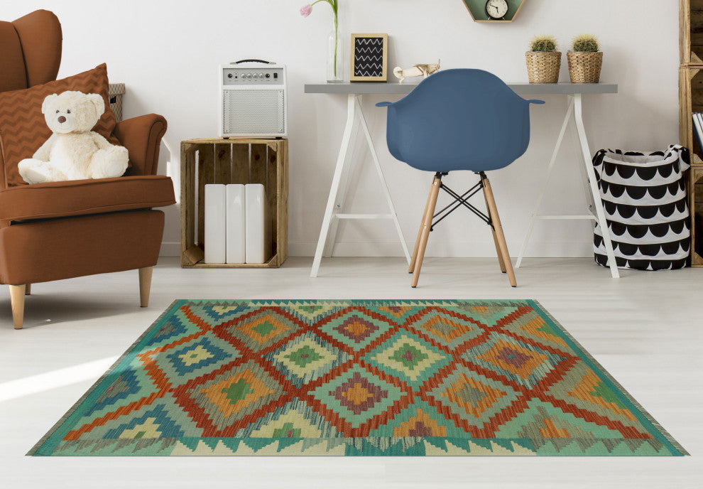 Sangat Kilim Hestia Blue/Orange Rug, 3'10x6'1