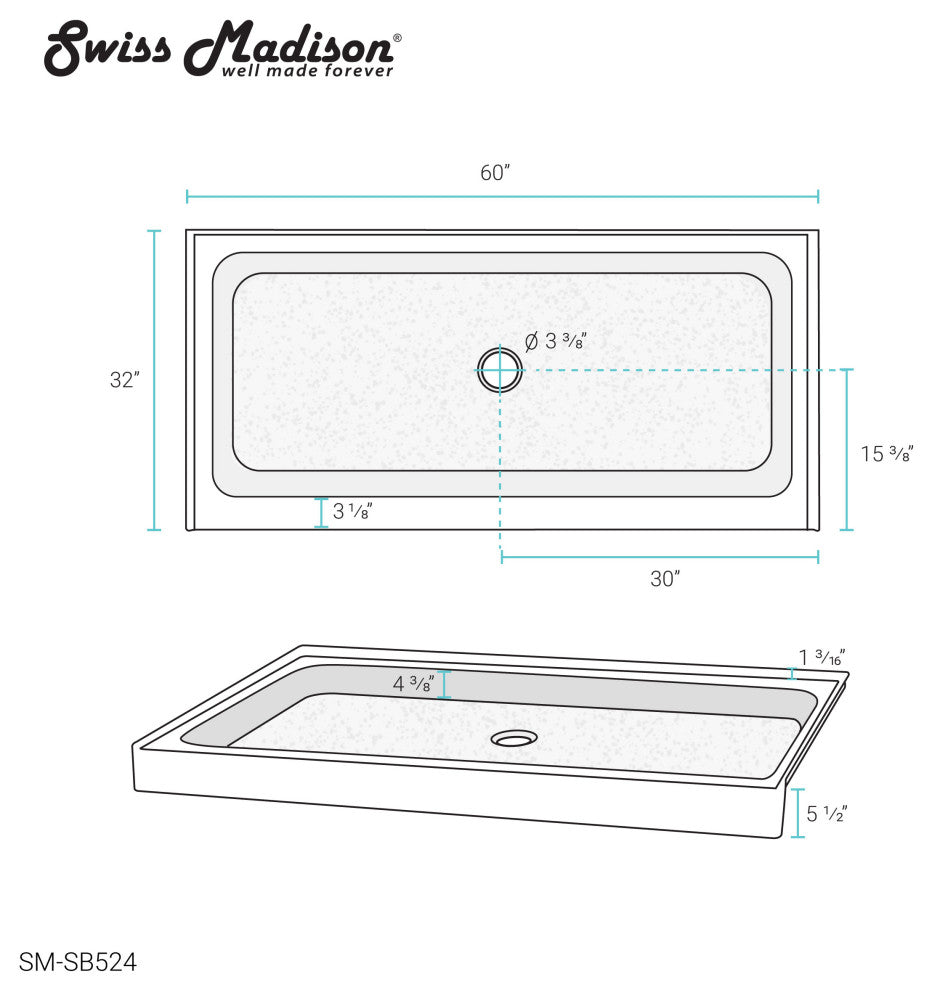 Voltaire 60"x32" Acrylic White, Single-Threshold, Center Drain, Shower Base