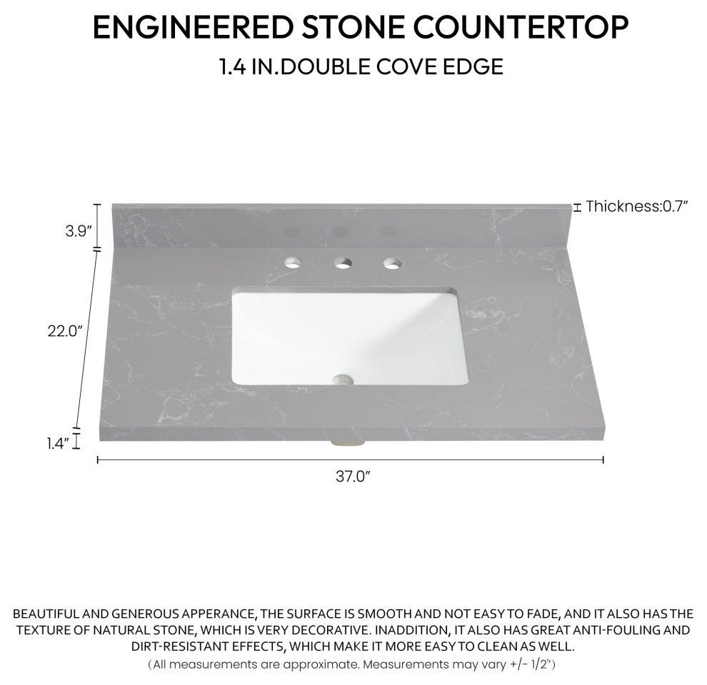 Jaen Composite Stone Vanity Top With Ceramic Sink, Reticulated Gray, 37"