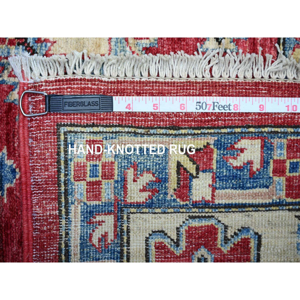 Rufous Red Wool Afghan Super Kazak Geometric Elements Hand Knotted Rug 6'9"x9'9"
