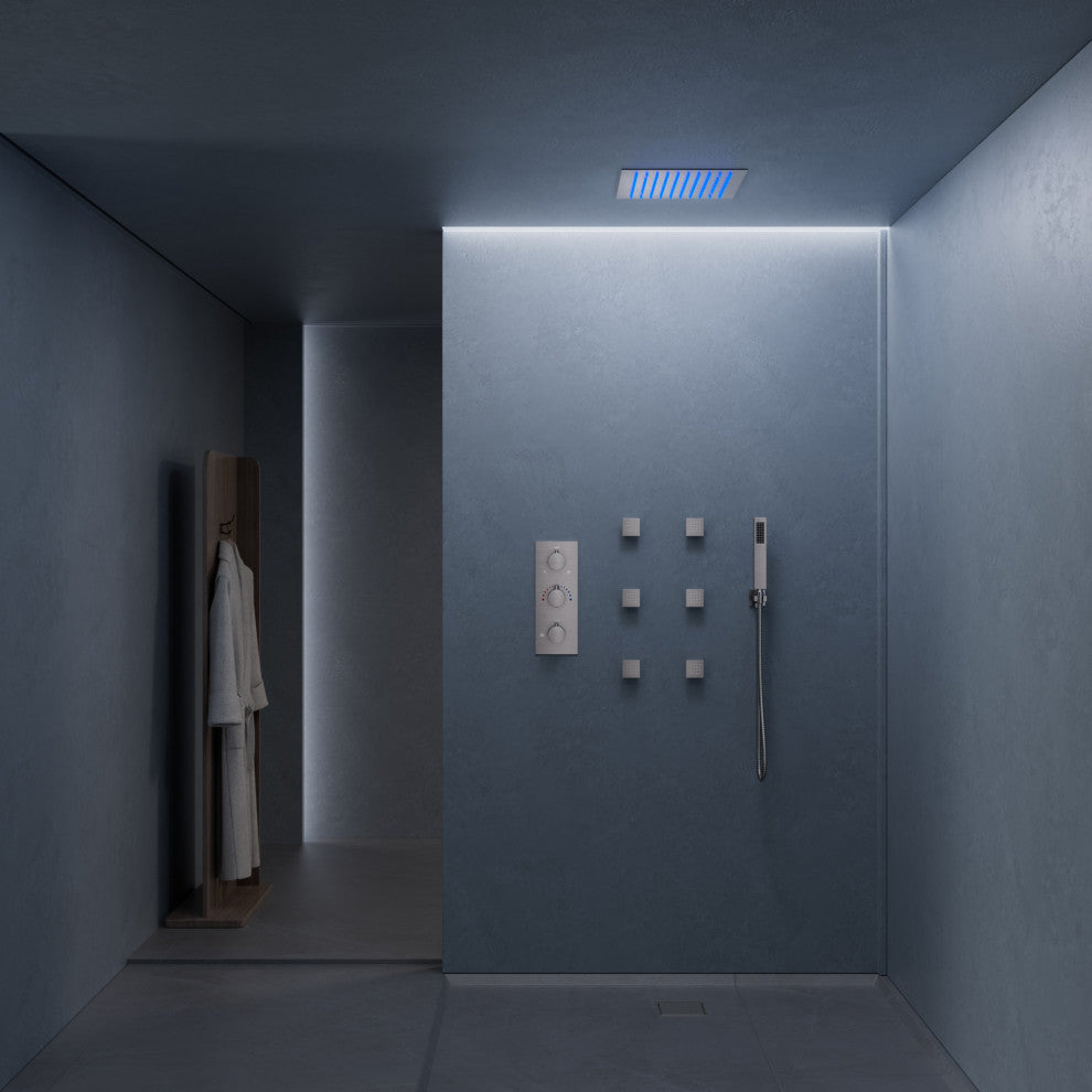 LED Thermostatic Shower System 12" Rain Shower Head with 6 Body Jets, Brushed Nickel